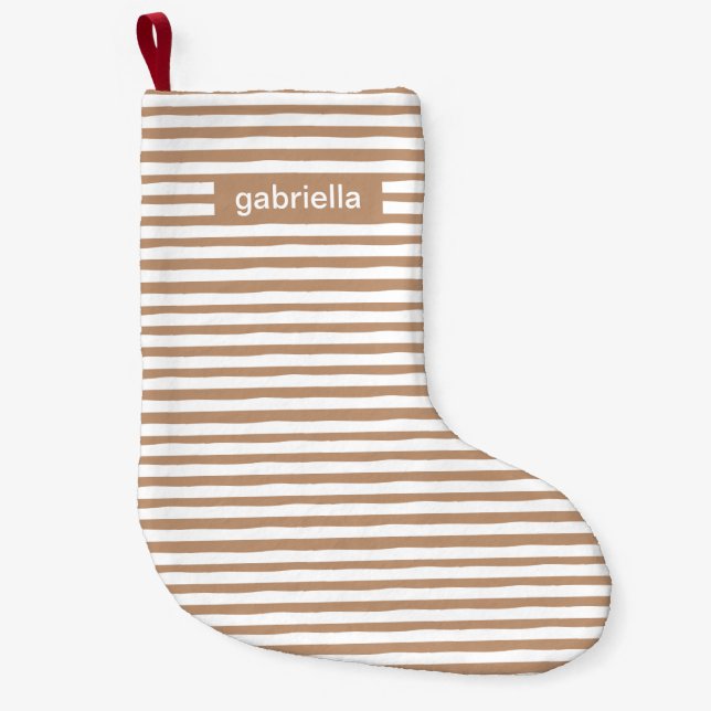 Petite Chaussette De Noël Bbeige et blanc moderne avec nom (Devant)