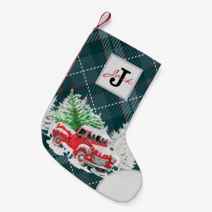 Petite Chaussette De Noël Beau motif monogrammed camion rouge bleu plaid