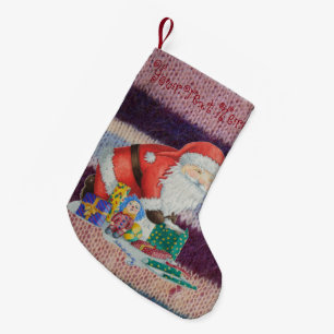 Petite Chaussette De Noël Beau père Noël enveloppant cadeaux tricotés