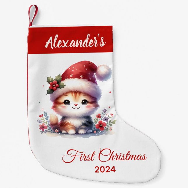 Petite Chaussette De Noël Bébé premier Noël mignon Chat personnalisé (Devant)