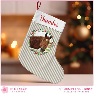 Petite Chaussette De Noël Beige Stripes Horse Monogramme Photo personnalisab