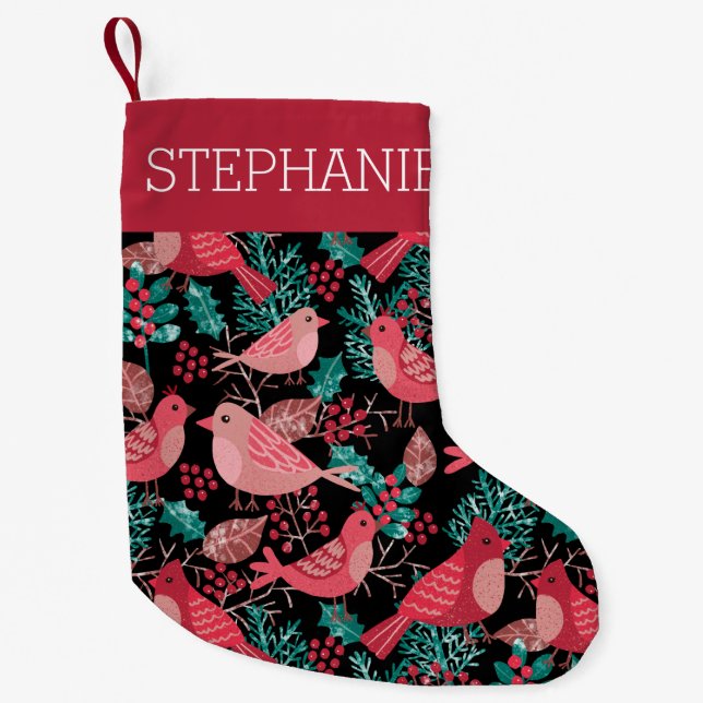 Petite Chaussette De Noël Berries d'hiver Oiseaux Noël Nom personnalisé (Devant)
