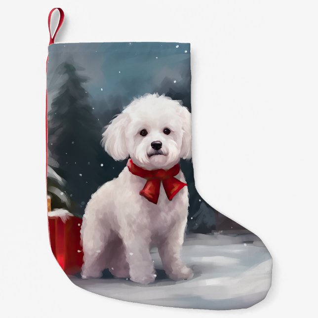 Petite Chaussette De Noël Bichon Frise Dog à Noël de neige (Devant)