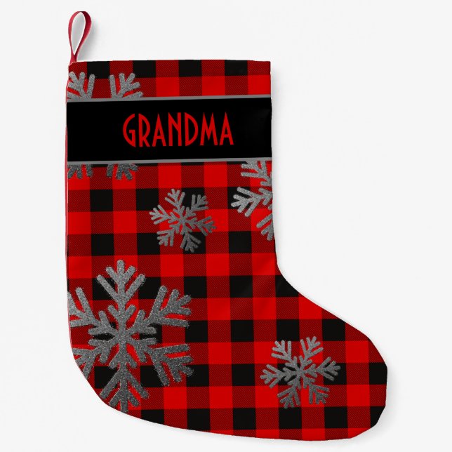 Petite Chaussette De Noël Bison rouge Plaid Sparkly Snowflakes (Devant)