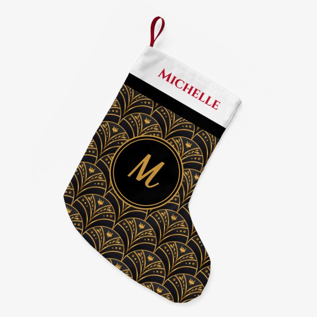 Petite Chaussette De Noël Black Gold Motif vacances de Noël Personnaliser (Devant (Accrochage))