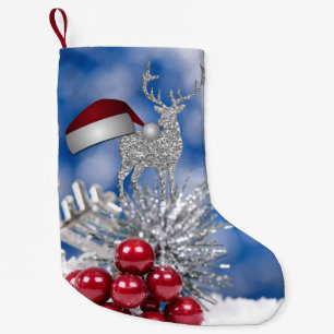 Petite Chaussette De Noël Bleu argenté Bokeh de casquette de Père Noël de
