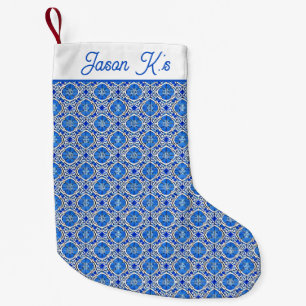 Petite Chaussette De Noël Bleu blanc motif fleuri style méditerranéen