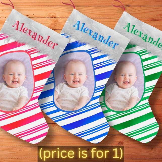 Petite Chaussette De Noël Bleu Blanc Sucre de canne Motifs Noël Photo Fun (Créateur téléchargé)