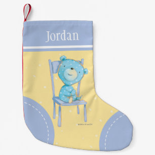 Petite Chaussette De Noël Bleu Calico Ours sourire sur la chaise