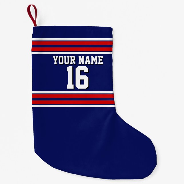 Petite Chaussette De Noël Bleu de marine avec Red White Strips Team Jersey (Devant)