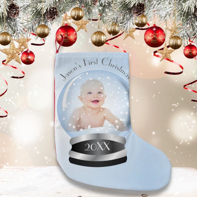 Petite Chaussette De Noël bleu neige globe bébé garçon premier Noël (blue snow globe baby boy first Christmas Small Christmas Stocking)