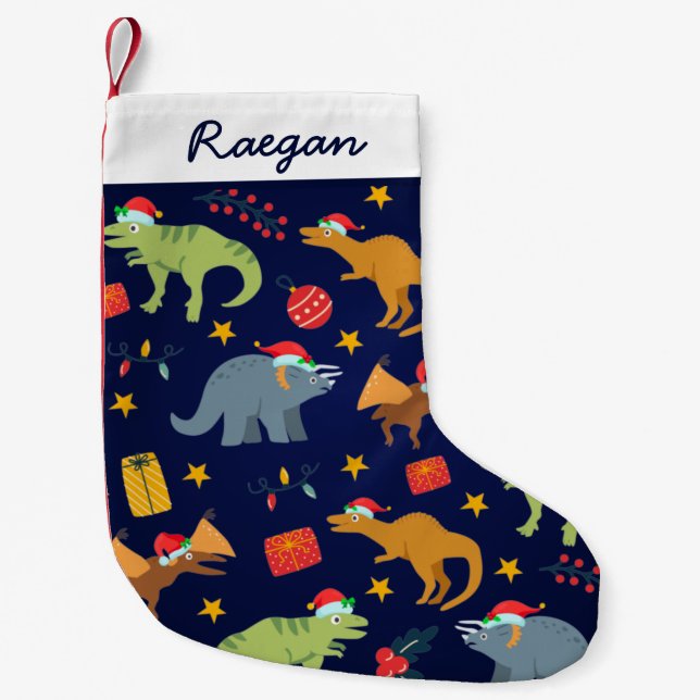 Petite Chaussette De Noël Bleu Personnalisé Cute Dinosaur Motif de Noël (Devant)