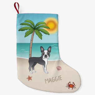 Petite Chaussette De Noël Blue Boston Terrier At A Tropical Summer Beach