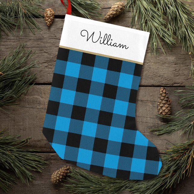 Petite Chaussette De Noël Blue Buffalo Plaid Nom personnalisé Rustique (Créateur téléchargé)