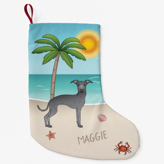 Petite Chaussette De Noël Blue Italien Greyhound À Tropical Summer Beach (Devant)