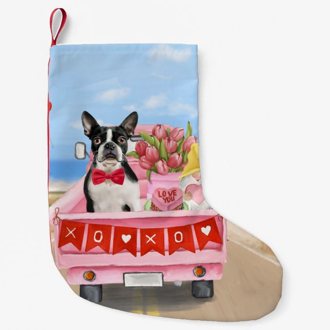 Petite Chaussette De Noël Boston Terrier Chien Valentine's Day Truck Hearts (Devant)