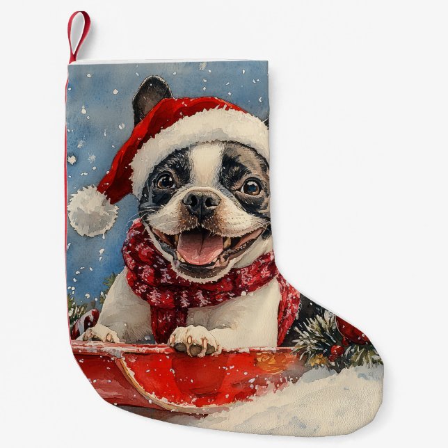 Petite Chaussette De Noël Boston Terrier Dog in Sledge Let it Neige Noël (Devant)