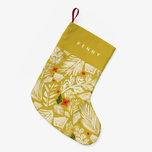 Petite Chaussette De Noël Botanique Festive Jaune Personnalisé (Devant (Accrochage))