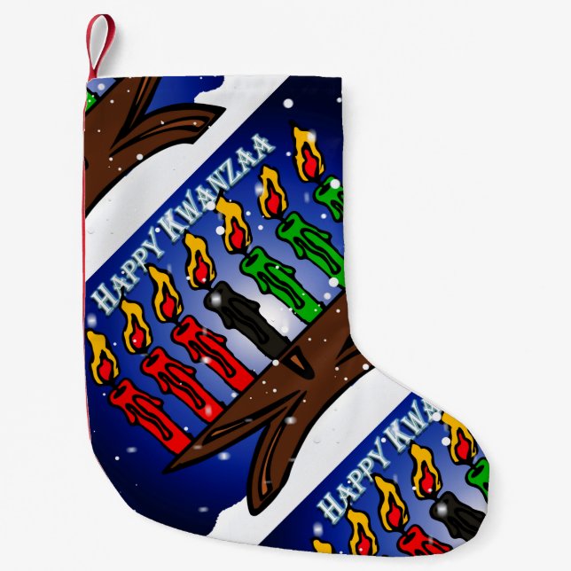 Petite Chaussette De Noël Bougie Kwanzaa Kinara avec neige et salut (Devant)
