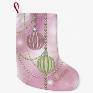 Petite Chaussette De Noël Boules doucement roses et vertes d'ornement de