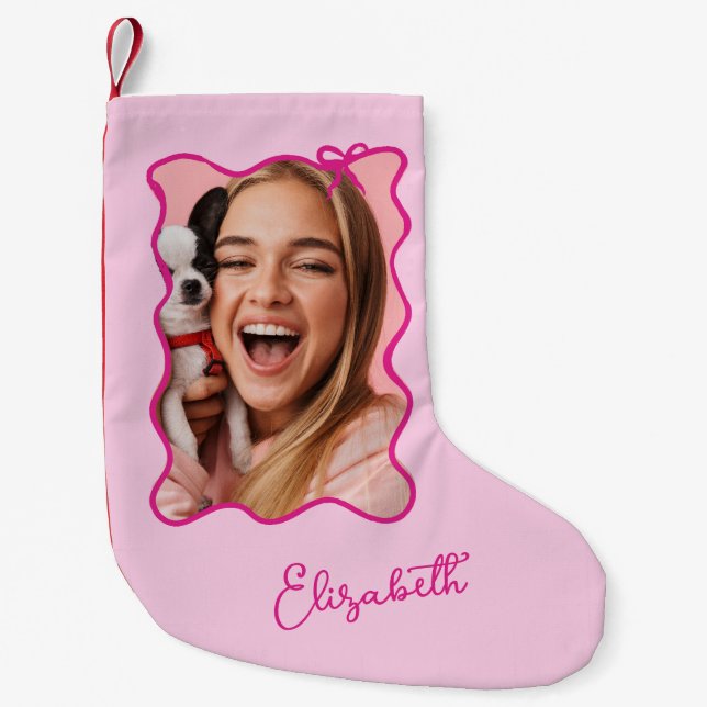 Petite Chaussette De Noël Bow de Noël | Cadre photo rose ondulé (Devant)