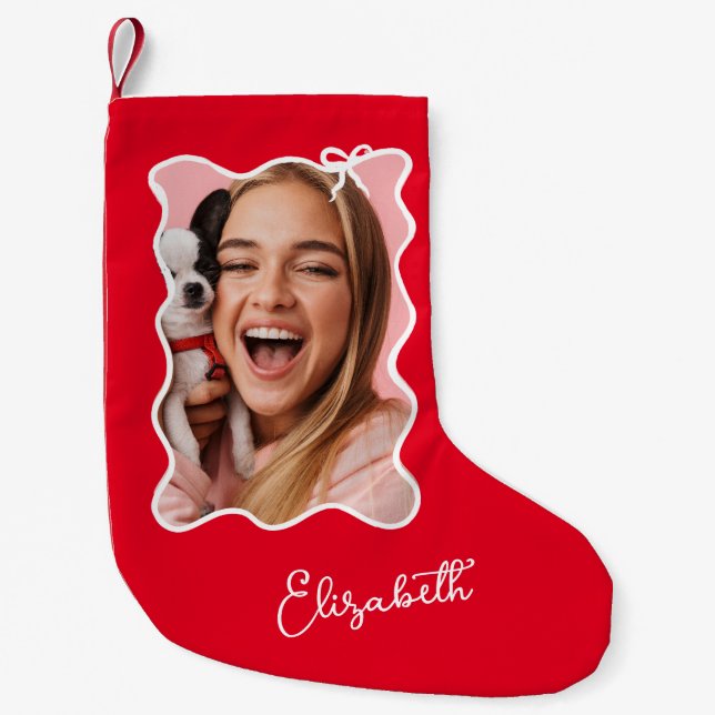 Petite Chaussette De Noël Bow de Noël | Cadre photo rouge et blanc ondulé (Devant)