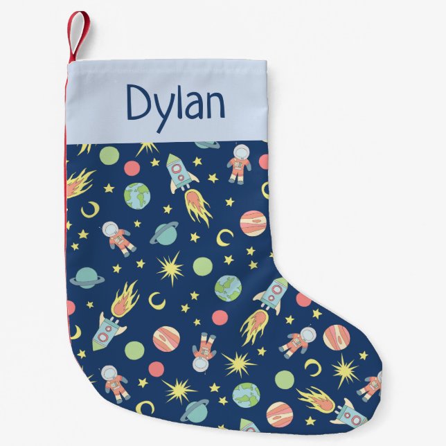 Petite Chaussette De Noël Boys Cute Rocket Ship Motif Espace et nom (Devant)