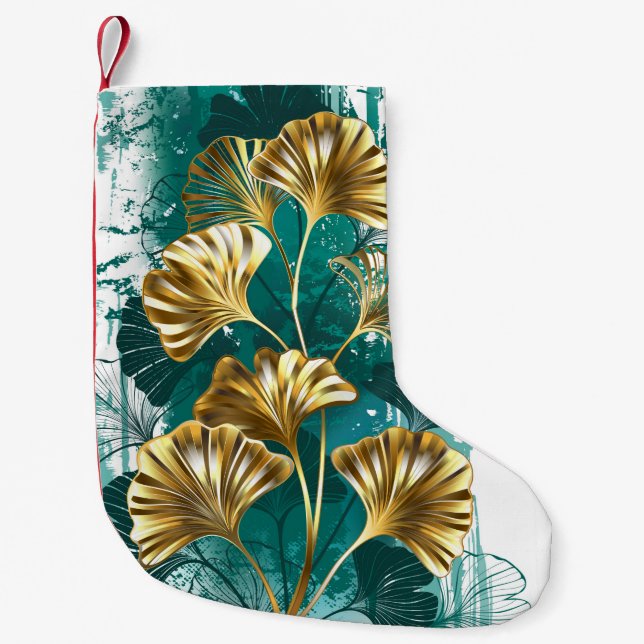 Petite Chaussette De Noël Branche avec Feuilles d'or Ginko Biloba (Devant)