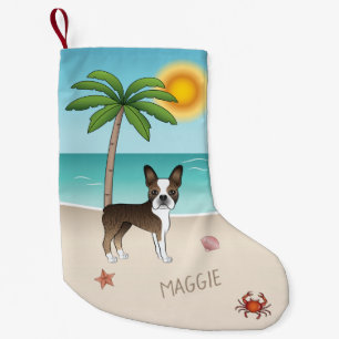 Petite Chaussette De Noël Brindle Boston Terrier À Une Plage Tropicale D'Été