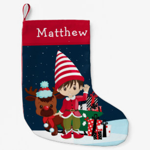 Petite Chaussette De Noël Brunette Elf Boy avec Rudolph