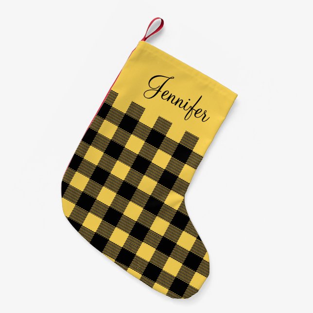 Petite Chaussette De Noël Buffle Jaune Personnalisé Rustique Plaid (Devant (Accrochage))