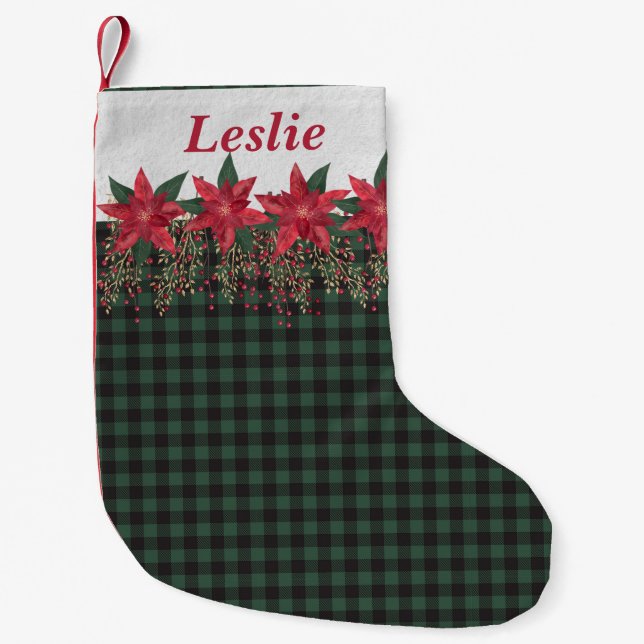 Petite Chaussette De Noël Buffle Vert Plaid Et Poinsettias Personnalisé (Devant)