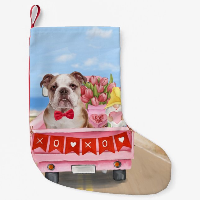 Petite Chaussette De Noël Bulldog anglais Saint-Valentin Coeurs de camion (Devant)