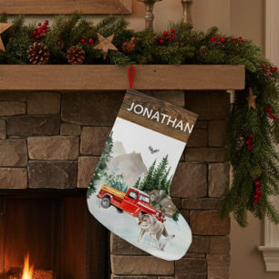 Petite Chaussette De Noël Cabine de camion à aquarelle rustique de bois loup