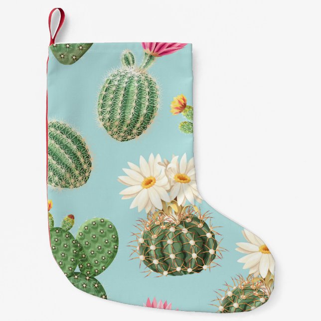 Petite Chaussette De Noël Cactus, fleurs roses : décor clair (Devant)