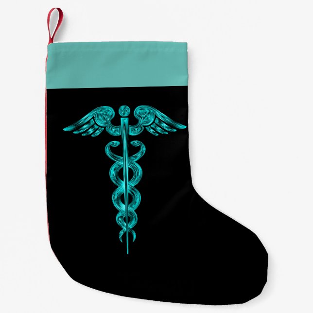 Petite Chaussette De Noël Caducée Médicale de turquoise d'infirmière (Devant)