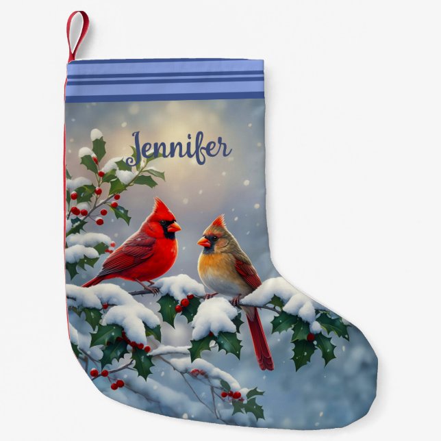 Petite Chaussette De Noël Cardinaux rouges et Holly en neige (Devant)