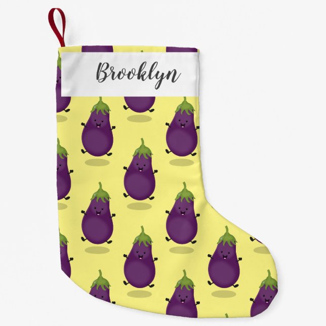 Petite Chaussette De Noël Caricature d'aubergine d'aubergine joliment heureu (Devant)