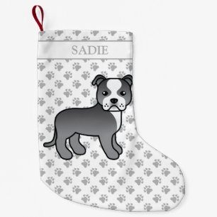 Petite Chaussette De Noël Caricature de chien et nom de chien en bleu et bla