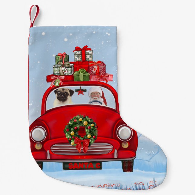 Petite Chaussette De Noël Carlin Chien En Voiture Avec Le Père Noël (Devant)