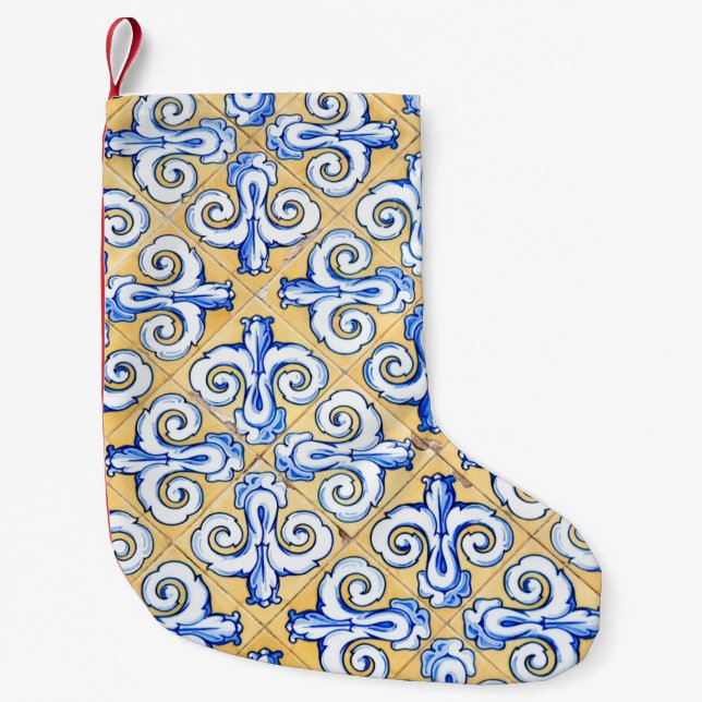 Petite Chaussette De Noël Carreaux espagnols - Azulejo Bleu, Jaune et Blanc (Devant)
