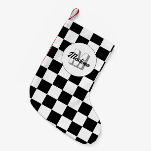 Petite Chaussette De Noël Carrés à damiers noir et blanc rétro Monogramme