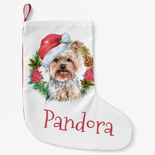 Petite Chaussette De Noël casquette de courroie d'aquarelle Yorkie Père Noël (Devant)