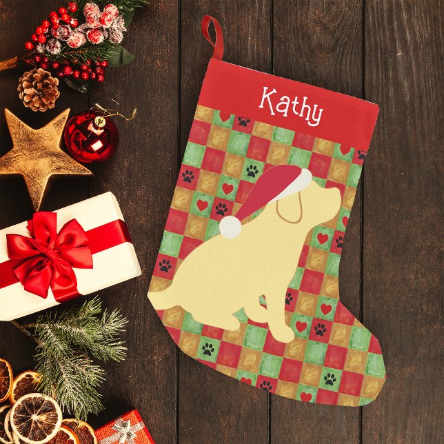 Petite Chaussette De Noël Ceinture de Noël Jaune Labrador Chiot (Personalized Yellow Labrador Puppy Quilt Design Christmas Stocking for Labrador Owners.)