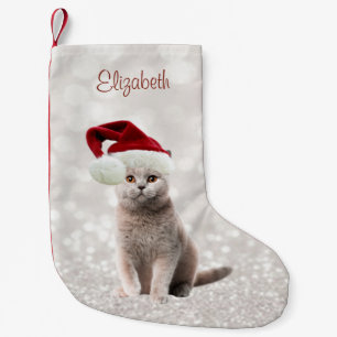 Petite Chaussette De Noël Chat Avec Chapeau De Père Noël, Glittery Bokeh