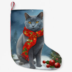 Petite Chaussette De Noël Chat bleu russe à Noël de neige