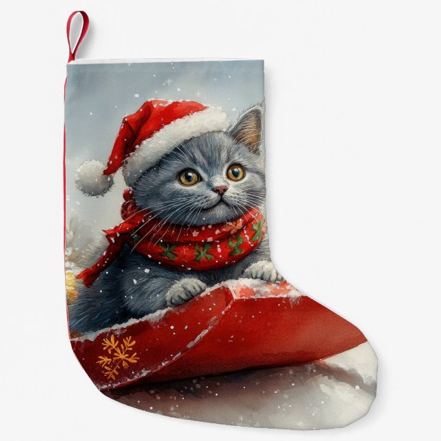 Petite Chaussette De Noël Chat bleu russe en sangle laissez-le neiger Noël (Devant)