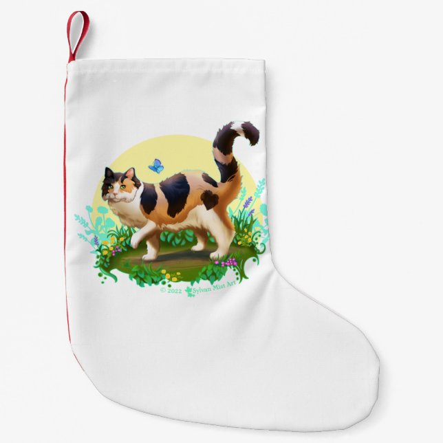 Petite Chaussette De Noël Chat Calico Fluffy avec papillon (Devant)
