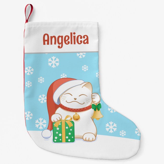 Petite Chaussette De Noël Chat de Noël blanc dans un Casquette rouge (Devant)