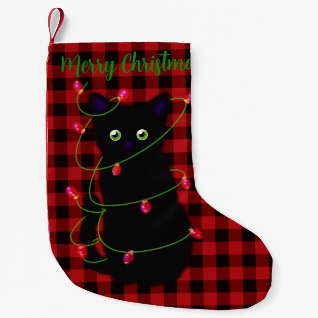 Petite Chaussette De Noël chat noir | Meowy Christmas | étoile scintillante (Devant)